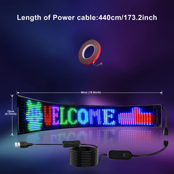 RGB LED-rulleskilt - Programmerbart LED-matrixpanel - 12 × 48 cm - Bluetooth - Appstyret - USB - Fleksibelt