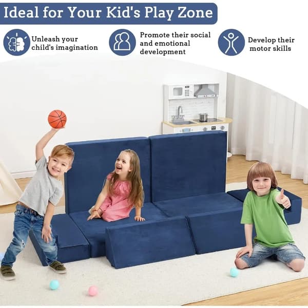 Modulär barnsoffa - 2-sits bäddsoffa - Leksoffa - Högdensitetsskum - Tvättbart överdrag - Blå