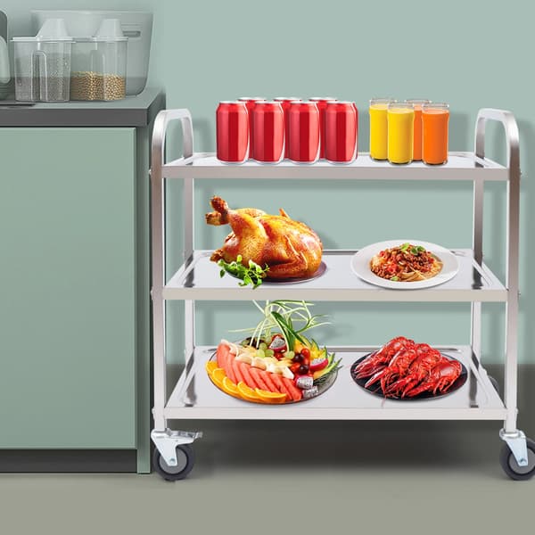 Serveringsvagn & Köksvagn - 3 hyllplan - Rostfritt stål - Hjul med broms - Rektangulär - Montering krävs - Silver