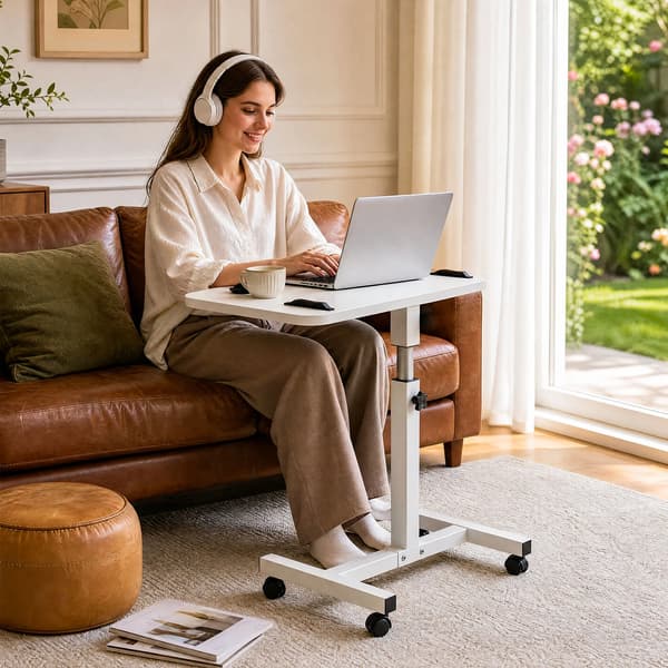 Rullbart laptopbord - Mobilt ståbord - Höjdjusterbart - Vinklingsbart 180° - Säkerhetskant - Med hjul - Vit