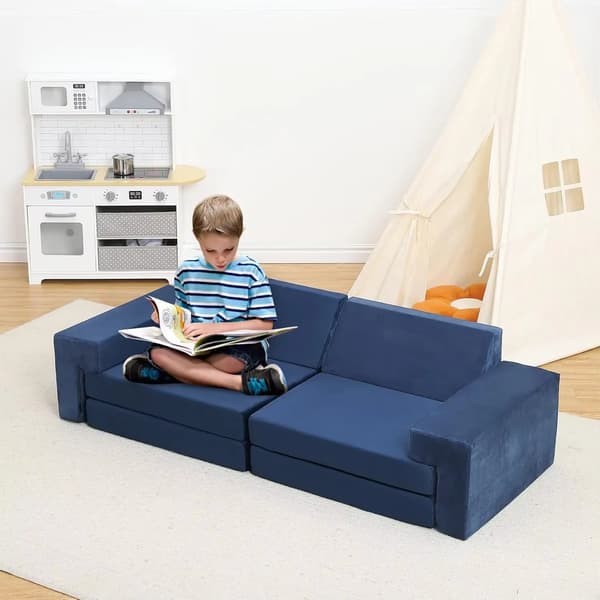 Modulär barnsoffa - 2-sits bäddsoffa - Leksoffa - Högdensitetsskum - Tvättbart överdrag - Blå