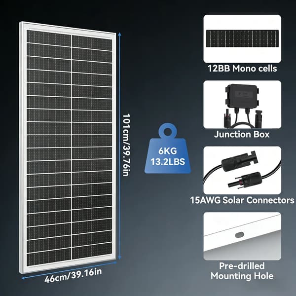 Solpanel - 100 W monokrystallinsk - Stiv solcellemodul - 24 % effektivitet - 12BB - 1 stk.