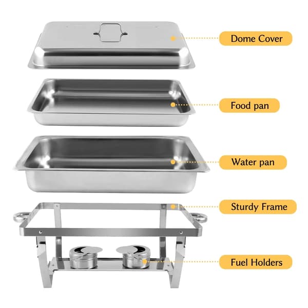 Buffetvarmer - Chafing dish - Rektangulær, rustfrit stål, med indsatsbakker, catering/servering, 1 stk - Sølv