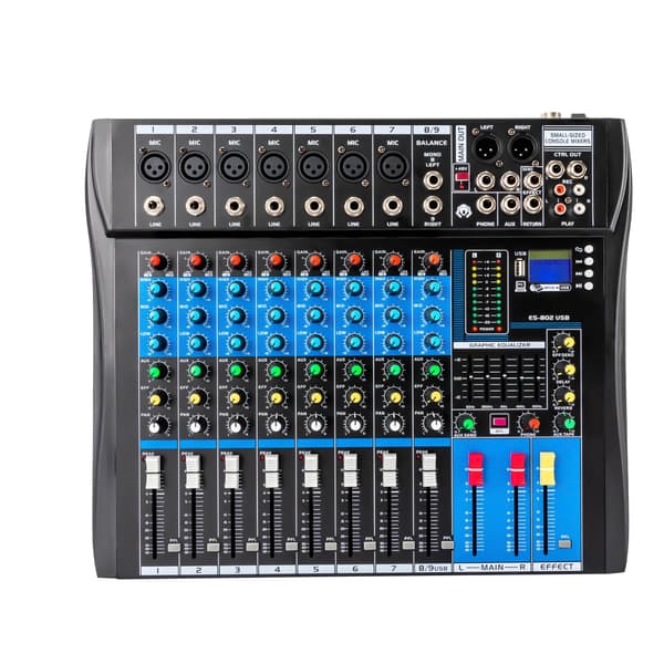 Lydmixer - 8-kanals DJ-controller/mixer - Bluetooth - USB - 48V Fantomstrøm - 5-bånds EQ - Til Live & Studie - Sort