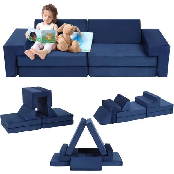 Modulär barnsoffa - 2-sits bäddsoffa - Leksoffa - Högdensitetsskum - Tvättbart överdrag - Blå