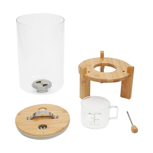 Korn- og müslidispenser - Rund bordbeholder - 7,5 L glas rustfrit stål bambus - Lufttæt tørvareopbevaring - Til ris nødder kaffe slik dyrefoder - Klar