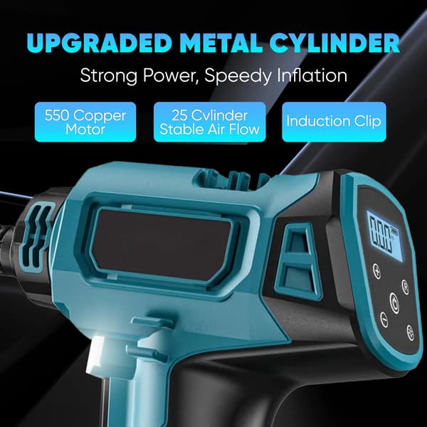 Trådløs luftpumpe - Bærbar dækkompressor - Digitalt display - Sæt med 2 batterier - Batterisystem 18V - Sort