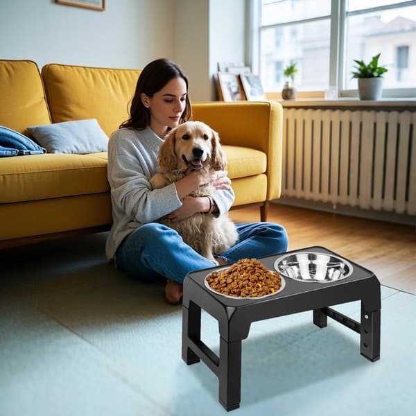 Foderstation Hund - Justerbart Dobbelt Madskålsstativ - Højdejusterbar - Rustfrit Stål - Til Store Hunde