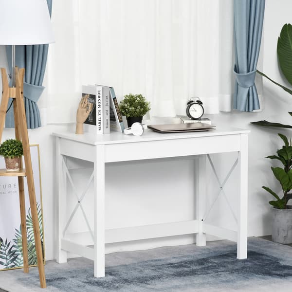 Computerskrivebord - Computerbord - Rektangulær 105x50x76 cm - Forstærket X-ramme i plast - Samling kræves - Moderne stil - Hvid
