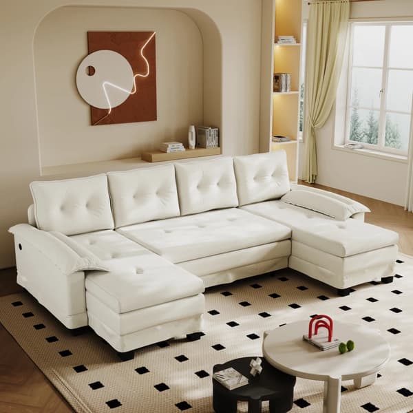Modulsoffa - U-formad bäddsoffa - Konvertibel - Chenille - Träram - Modern design - Beige