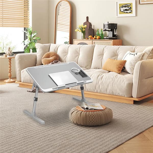Hopfällbart laptopbord - Justerbart sängbord - Bärbart datorbord för säng och soffa - Rektangulär träskiva - Ljusgrå