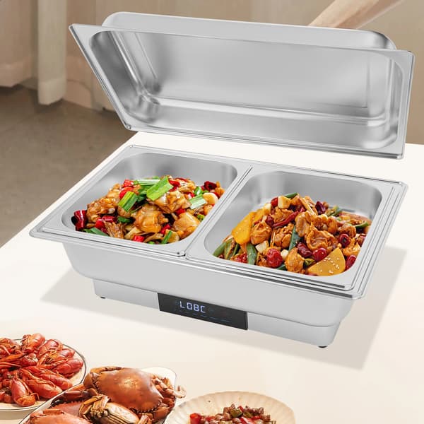 Buffetvarmer - Elektrisk Chafing Dish 2 Rum 9 l - Digital Temperaturstyring - Rustfrit Stål - Sølv