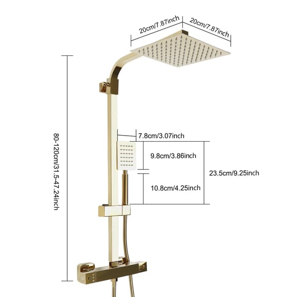Termostat brusesystem - Regnbruser & håndbruser sæt - 304 rustfrit stål & messing - 1,5 m slange - 23,5 × 7,8 cm panel - Rektangulær
