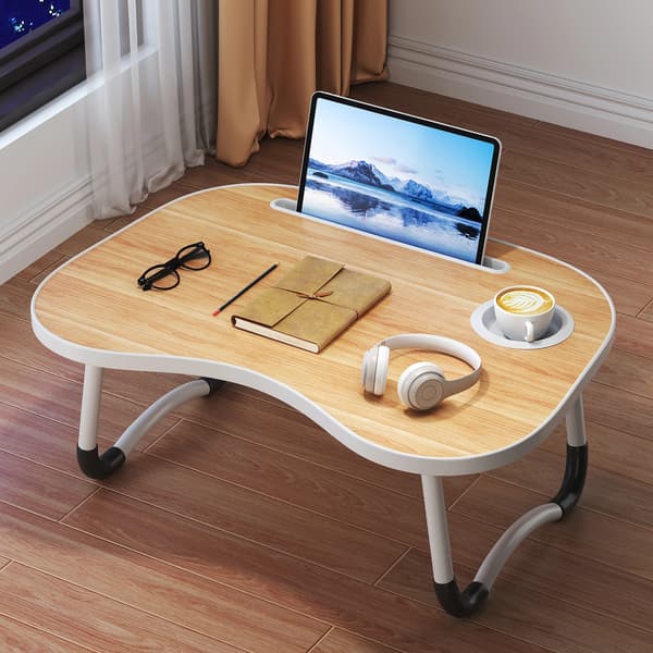 Bærbart laptopbord - Foldbart bord - Træ - Med kopholder - Med skuffe - Til seng og sofa - Hvid