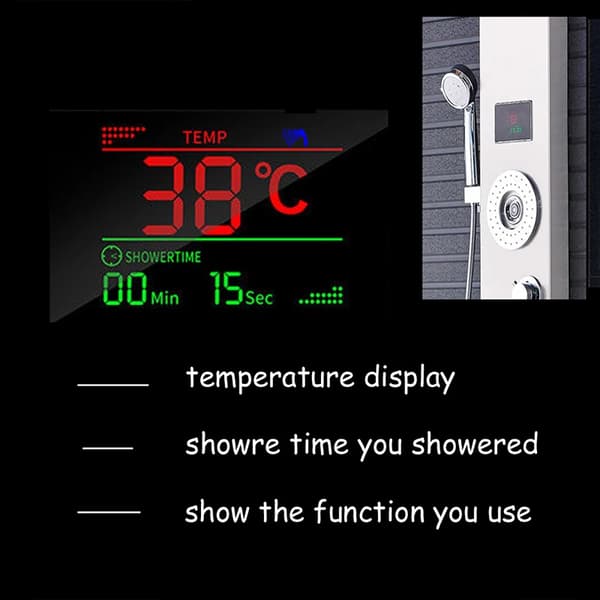 LED Brusepanel - Rainfall Brusesystem med Digital Temperaturdisplay - 4 Kropsmassagejets - 3 Greb - Rustfrit Stål - Sort 8006