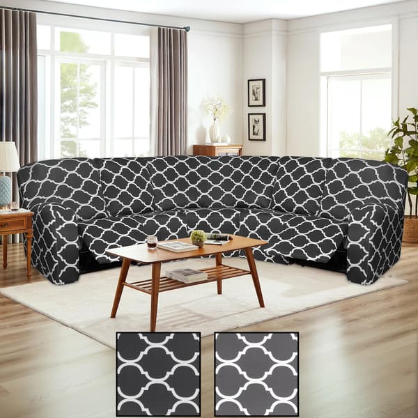 Sofaovertræk - 5-sæders modulsofa - Elastisk, Skridsikker, Fuld dækning, Geometrisk mønster, 100% polyester 150 g/m², Maskinvask - Mørkegrå
