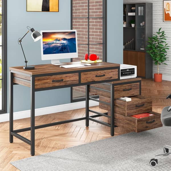 Computerbord - Skrivebord 150×50 cm - 3 skuffer - Vendbare skuffer - Industriel arbejdsstation - Rektangulær - Rustic Brown 02