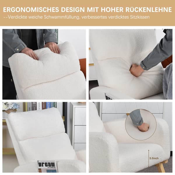 Gungstol - Amningsstol - Teddytyg - Sidofickor - Massiv träbas - Vadderad - Vit