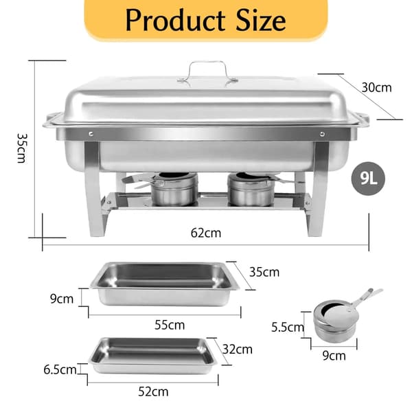 Buffetvarmer - Chafing dish - Rektangulær, rustfrit stål, med indsatsbakker, catering/servering, 1 stk - Sølv