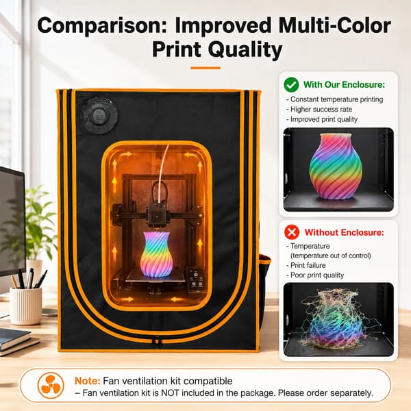 3D-printerkabinet - 3D-printerkappe - LED-belysning - Konstant temperatur - 52 x 60 x 72 cm - Sort