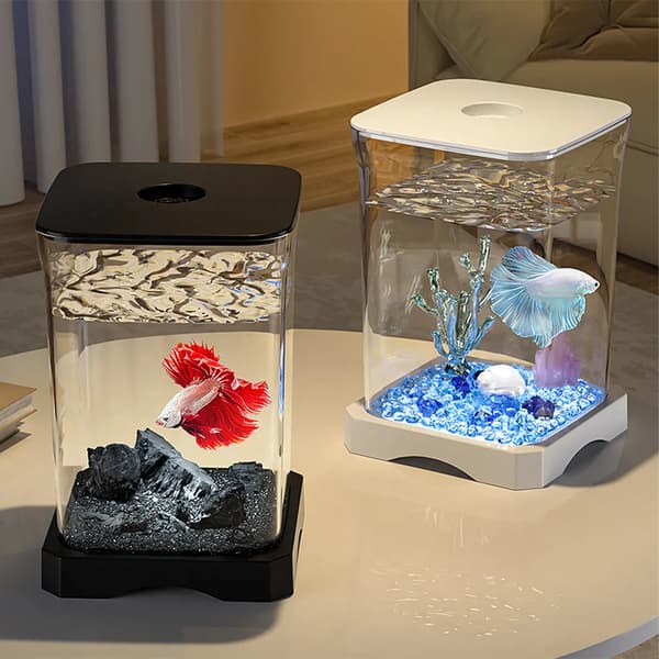 Akvarium startsæt - Mini skrivebordsakvarium - Rektangulær - Foderhul øverst - LED-bundlys - Plast - Til Betta - Sort