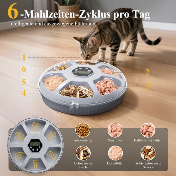 Automatisk kattmatare - Foderautomat för våtfoder - 6 måltider - Kylfunktion - Batteridriven utan batterier - Vit