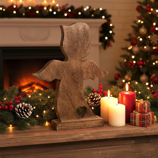 Juleengel - Dekorationsfigur i træ - 38,5 cm - Brun - Julepynt