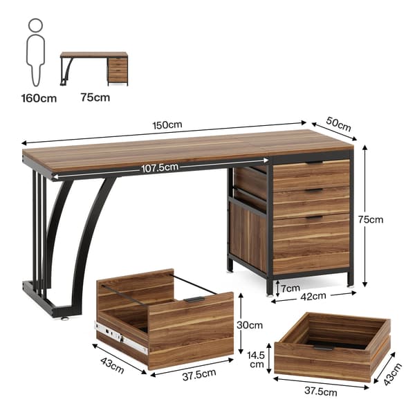 Computerbord - Skrivebord 150 cm - 3 Skuffer - Vendbare Skuffer - Rektangulær Form - Træmateriale - Med Skab - Mørkelilla