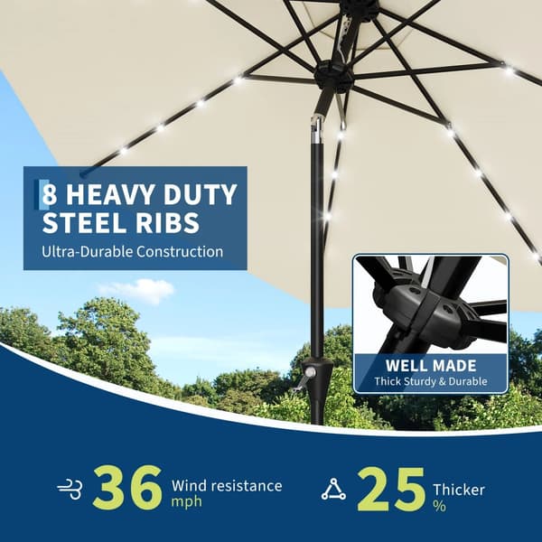 Solcelleparasol - Haveparasol 3 m - LED lys - Håndsving - Vip-funktion - 8 ribber - Beige