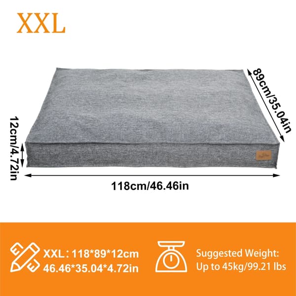 Hundsäng 2XL - Rektangulär Hundbädd - Tjock Skummadrass - Vattentätt Foder - Avtagbart Maskintvättbart Överdrag - Grå