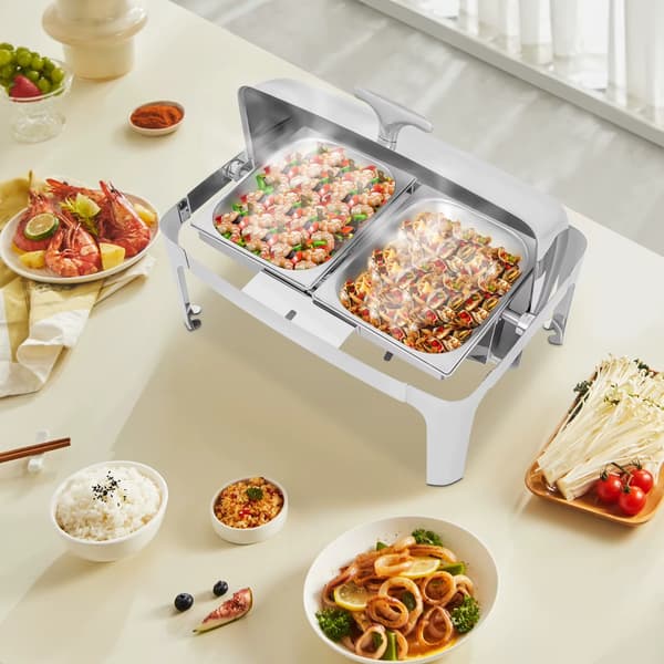 Matvärmare - Chafing dish-set - 201 rostfritt stål - 9 l - Fällbart lock - Alkoholbrännare - Rektangulär - Silver