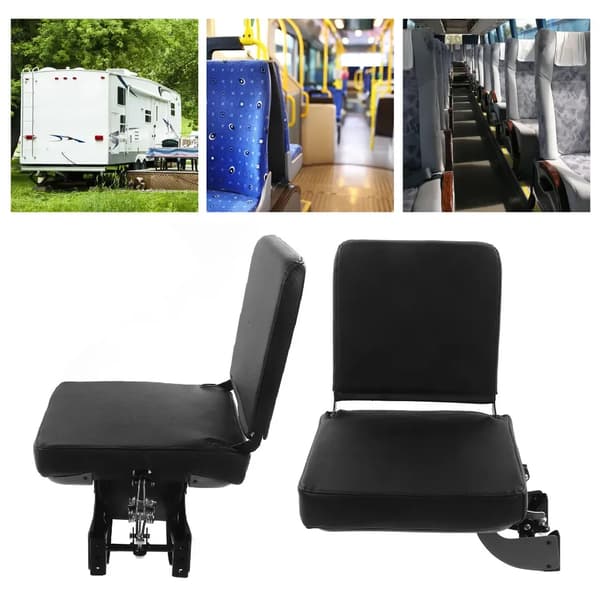 Autocamper Bus Klapsæde - Foldbart Sæde - Automatisk Tilbagefjeder - Kraftig Polstring - Læderbetræk - Stålramme - Sort
