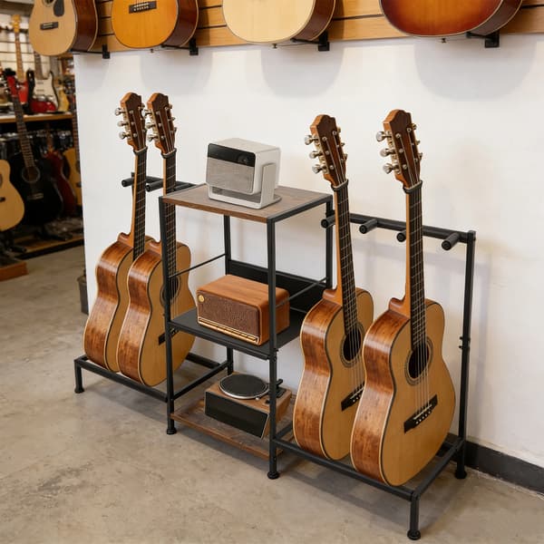 Gitarrställ gitarrack - Multigitarrställ - Golvstående - 3-vånings förvaring med hylla - Mjuk vaddering - Rektangulär - Svart