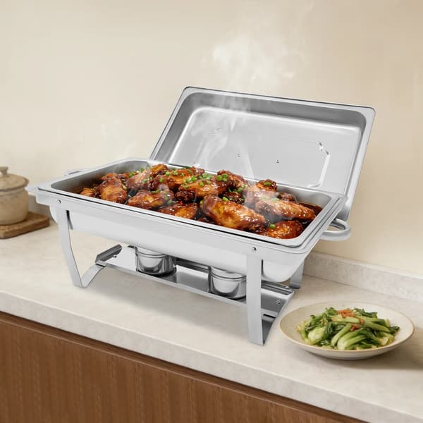 Buffetvarmer - Chafing Dish - Rustfrit Stål - Rektangulær - Alkoholopvarmning - Varmebevarende Låg - Bærehåndtag - Sølv