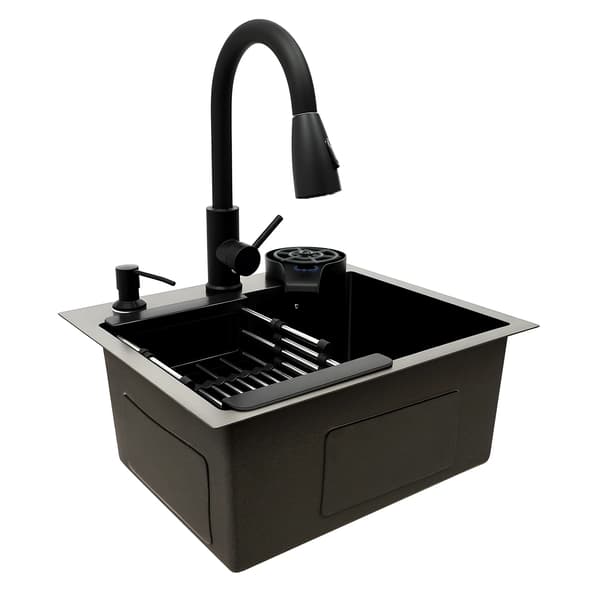 Køkkenvask 45×40 cm - Enkeltskåls rustfri stålvask workstation - Udtræksarmatur 40 cm - Plan/underlimet montering - Rektangulær kumme - Sort