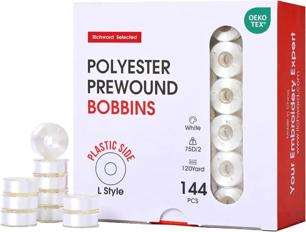 Förspolade broderispolar - 75D-A - 144 st - Storlek A - 100 % polyestertråd - 60WT - Plastsidor - Vit