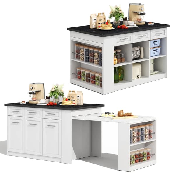 Köksö - Utdragbart Matbord - 150 + 96 cm - Marmorlook - Integrerade Förvaringsskåp - Trä - Vit
