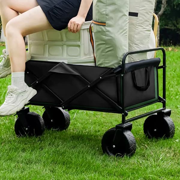 Robust sammenklappelig vogn - Camping- og strandvogn - Høj bæreevne - Foldbart design - Med solskærm - Sort