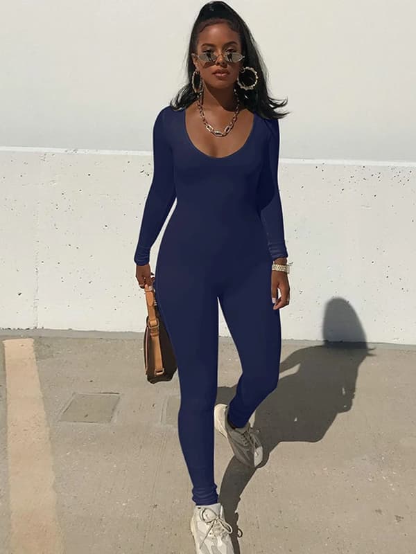 Dame jumpsuit - Bodycon buksedragt - Langærmet - Elastisk elastan - Strikket - Efterår vinter 2024 - Str. XL - Marineblå