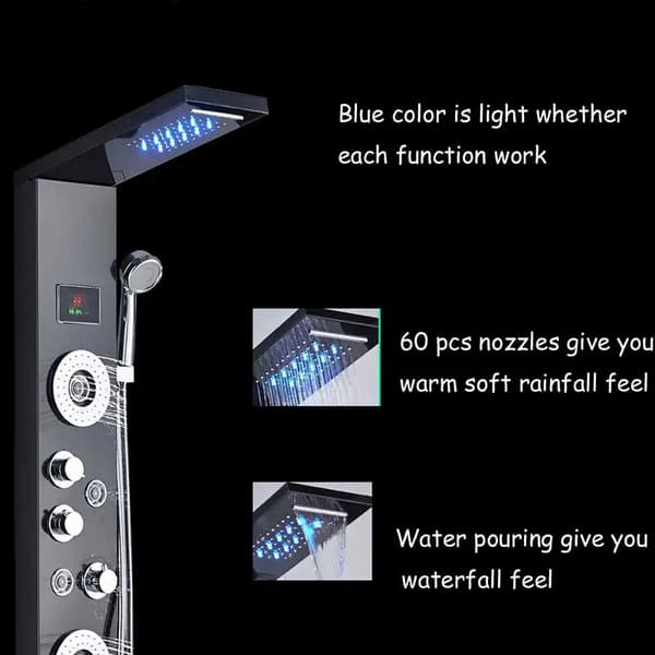 LED Brusepanel - Rainfall Brusesystem med Digital Temperaturdisplay - 4 Kropsmassagejets - 3 Greb - Rustfrit Stål - Sort 8006