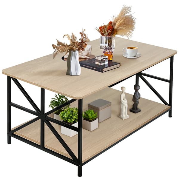 Soffbord - Rektangulär - 2 hyllplan - X-formade metallben - Trä - 100x52 cm - Ljusgrå