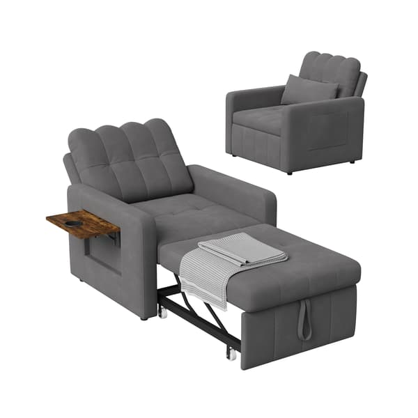 3-i-1 bäddsoffa - Enkelsäng - Utdragbar - Fällbart bord - Sidofickor - Chenille - Grå