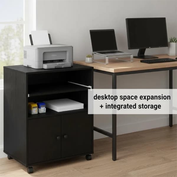 Printerbord i sort eg - Printerstand - 60x48x74 cm - Robust træ - Stor opbevaring - Moderne design - Sorte knapper