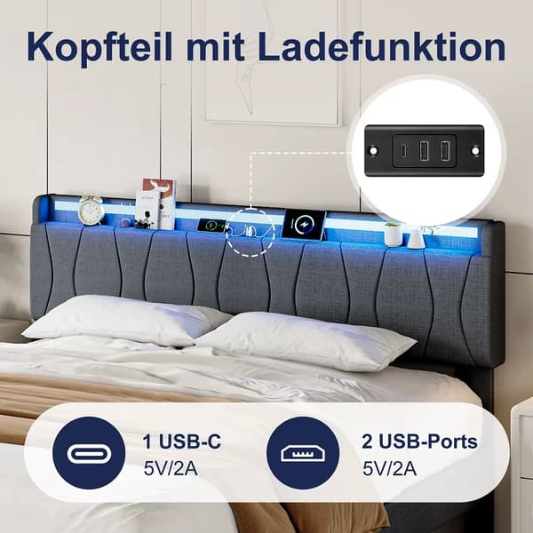 Dobbeltseng - Polstret seng med sengegavl - 160 x 200 cm - Trækonstruktion - Grå - Til montering