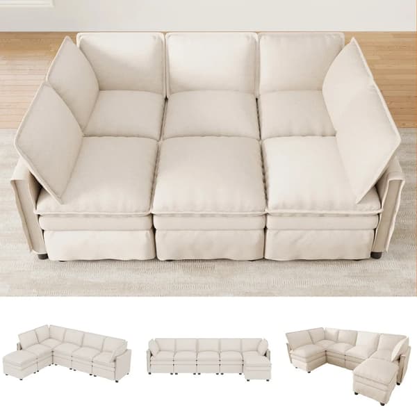 Modulär soffa - L-formad hörnsoffa - Sovfunktion - 6-sits - Chenille - Modern stil - Beige