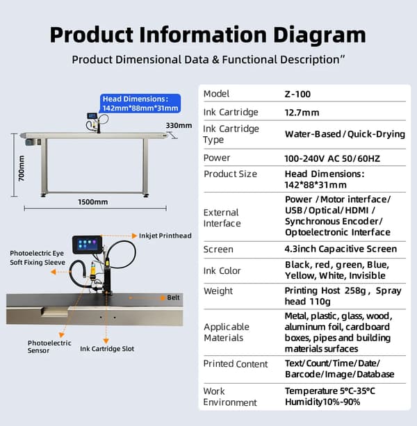 Online termisk inkjet-printer - Z-100 TIJ koder - 12,7 mm printhøjde - Dato- og logotryk - Udløbs- og batchkoder - 4 kg - Z-100
