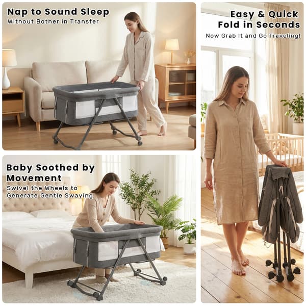 Foldbar 4-i-1 babyseng - Rejseseng og bedside-vugge - Vuggefunktion - Støjsvage hjul - 0–1 år - Grå Basic