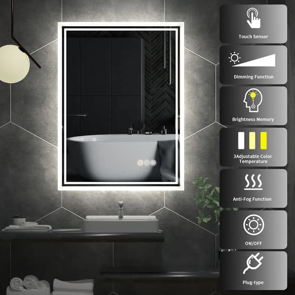 LED badrumsspegel - Rektangulär ramlös väggspegel - Bakbelyst dimbar - Touchsensor - Antifog - IP44 - 70 x 90 cm