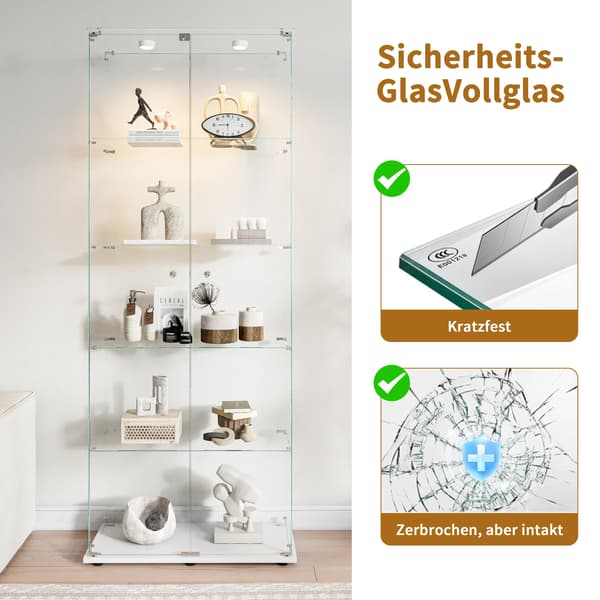 Vitrinskåp i glas - Golvmodell - Dubbeldörr - 5 Hyllplan - Touchbelysning - Vit bas