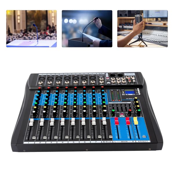 Lydmixer - 8-kanals DJ-controller/mixer - Bluetooth - USB - 48V Fantomstrøm - 5-bånds EQ - Til Live & Studie - Sort